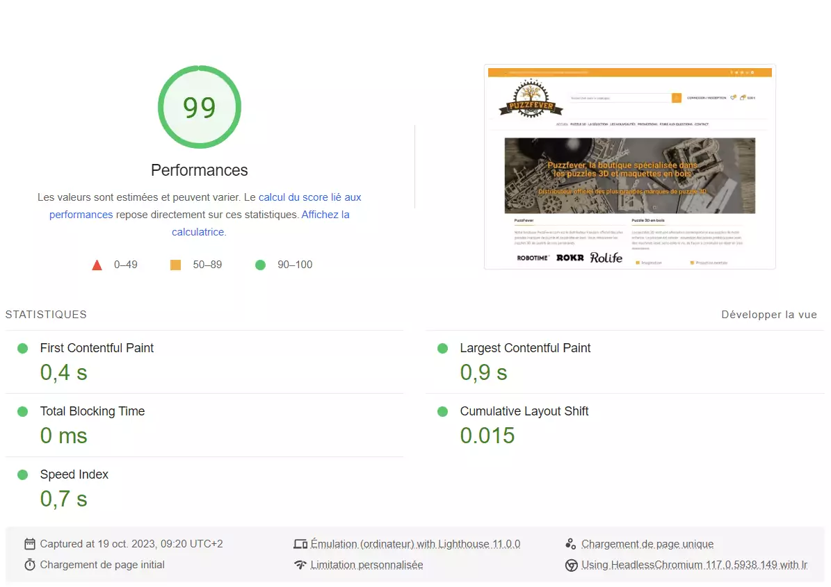 Une capture d'écran affichant le score de performance d'un site internet analysé par Dev-ittoz, une agence web et agence digitale.